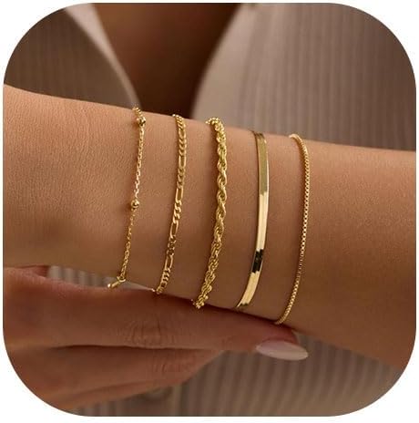 Warshion Gold Bracelets for Women Dainty 14K Gold Plated Stackable Bracelet Stack Set Trendy Thin Ring Bracelet Hand Chain Adjustable Beaded Chain Jewelry Gift Gold Accessories for Women