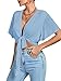 LYANER Women's Deep V Neck Tie Front Knot Wrap Ruffle Short Sleeeve Crop Top Blouse Light Blue Small