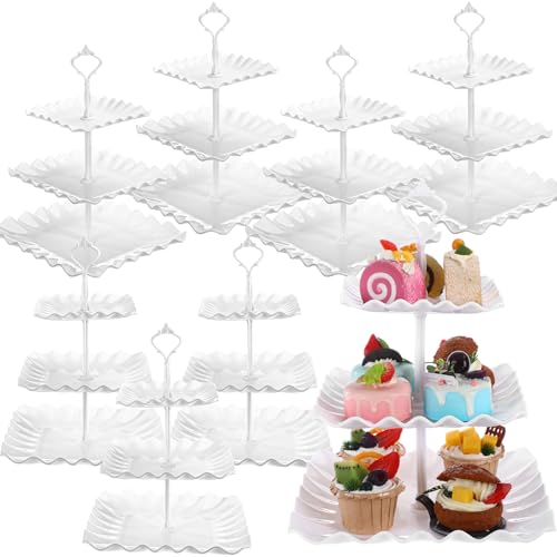 Chunful 8 Pack 3 Tier Cupcake Stand Bulk Square Tiered Dessert Stand Holder Wave Edge Thick Plastic Serving Tray Dessert Table Display Set Tea Cake Holder for Wedding Birthday Party (White)