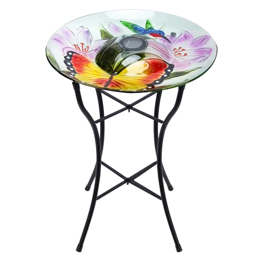 MUMTOP Glass Bird Baths for Outside, 16 Inch Width Outdoor Garden Hummingbird Butterfly Bird Bath Bowl with Solar Light and Metal Stand, Large Glass Birdbath Bird Feeder for Yard Decor, 20 Inch Height