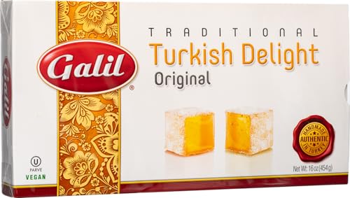 Turkish Delight Galil (Rahat Lokum) Original Flavor Gift Box – Authentic Traditional Turkish Dessert, Handmade in Turkey, Soft Chewy Powdered Sugar Coated Lokum, Kosher & Vegan Gourmet Middle Eastern Candy, 16oz/454g