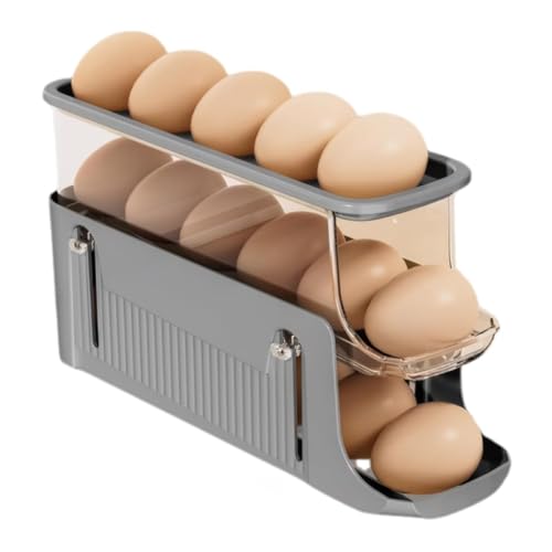 Quystetes Soporte plegable para huevos de 3 niveles, soporte para huevos rodante para refrigerador, bandeja de almacenamiento automática de huevos, bandeja de huevos gris