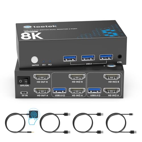 Hearvo 8K@60Hz HDMI KVM Switch 2 Monitors 2 Computers,USB 3.0, Wired Remote