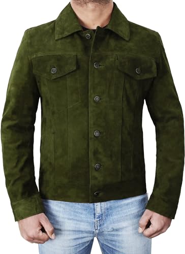 Image of Mens Premium Brown Suede Leather Trucker Jacket - Vintage Classic Motorcycle Western Goat Leather Coat