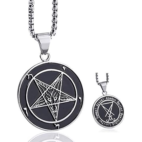 ELFASIO Inverted Pentagram Baphomet Goat Necklace for Men Sigil of Lucifer Satan Satanic Samael Lilith Symbol Both Sided Stainless Steel Pendant Chain, Black 18 inch Cover