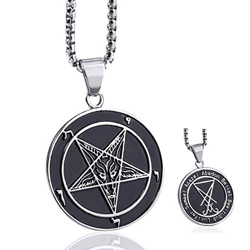 Inverted Pentagram Baphomet Goat Necklace for Men Sigil of Lucifer Satan Satanic Samael Lilith Symbol Both Sided Stainless Steel Pendant Chain, Black Red