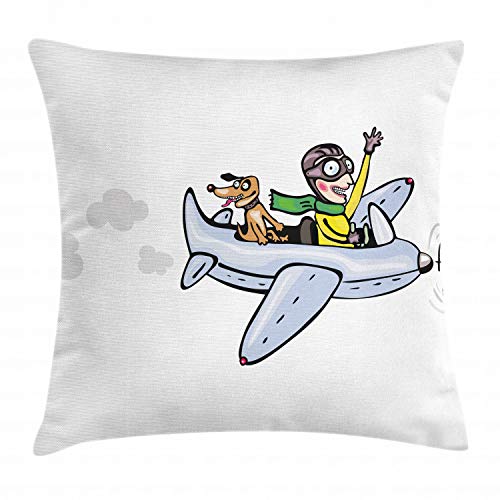 Lunarable Cartoon Throw Pillow Cushion Cover, Funny Pilot with His Dog Flying in The Air Doodle Style Illustration of Flight, Decorative Square Accent Pillow Case, 36
