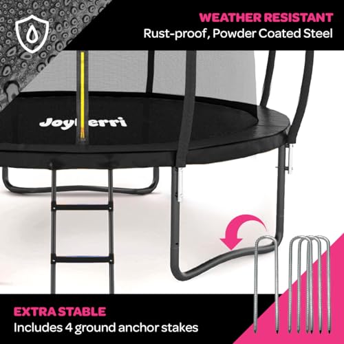 Image of JoyBerri Upsurge Trampoline Outdoor - ASTM Certified Safe 8Ft 10Ft 12Ft 14Ft 15Ft 16Ft Recreational Trampoline for Kids and Adults. Anti-Rust Coating with Enclosure Net, Ladder, Sprinkler & LED Lights