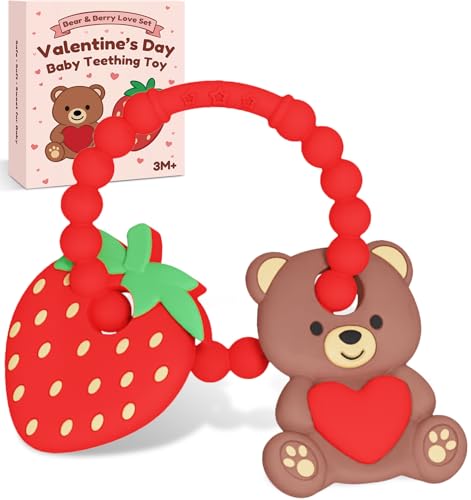 Valentine’s Baby Teething Toys, Teddy Bear & Strawberry Silicone Teether for 3–12 Months, Textured Sensory Chewing Ring for Infants & Toddlers, Baby’s First Valentine’s Day Gift for Boys and Girls - image 1