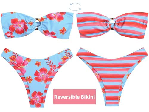 Image of ZAFUL Women's Bandeau Bikini O Ring Strapless Tie Back High Cut Two Piece Swimsuit Bathing Suits