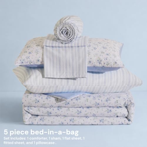 Image of BLOOMHAVEN Twin XL Comforter Set for Girls, 5 Pieces Blue Mist Floral Bedding Set, All Seasons Kids Dorm Bed in a Bag with Sheets, Pillowcase & Sham