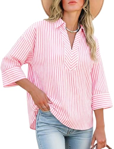 Watashi Women Striped Print Dressy Shirts Casual Oversize Henley Shirt