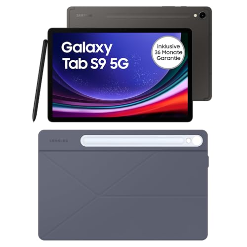Samsung Galaxy Tab S9 AI-Android-Tablet, 5G, 128 GB / 8 GB RAM, MicroSD-Kartenslot, Inkl. S Pen, Simlockfrei ohne Vertrag, Graphit+Smart Book Cover, Blue