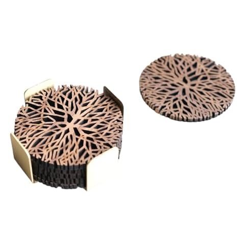 Wooden Decorative Coasters Set of 6 with Holder, Modern Coasters Set for Drinks, Tree of Life Coasters, Walnut Wood & Brass Holder (Round) Cover
