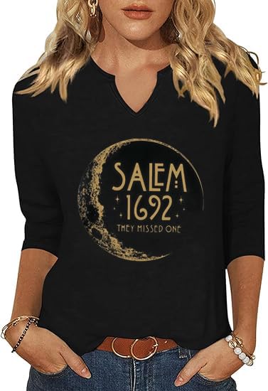 3/4 Sleeve Fall Shirts for Women V Neck Witch Pumpkin Ghost Skull Graphic Halloween Thanksgiving Party Tops