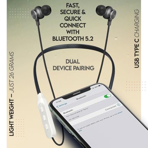 Image of Zimo AeroFlex Bluetooth 5.2 Wireless in-Ear Headphones, 18Hrs Playtime, Deep Bass, HD Calls, Dual Device Pairing, Voice Assist, Type-C Fast Charge Wireless Neckband, IPX4 (White & Jet Black)
