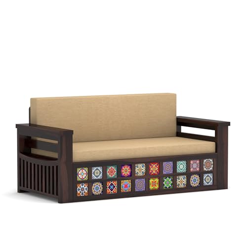 Image of Solid Sheesham Wood Sofa Cums Bed with Cushioned Seating & Handcrafted Tile Storage Front | Rosewood Convertible Sofa Bed for Living Room & Bedroom (Walnut)