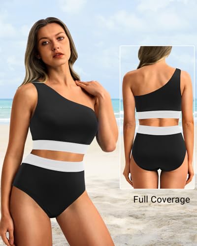 Image of Holipick Women One Shoulder High Waisted Bikini Set Two Piece Tummy Control Swimsuits Full Coverage Bathing Suit