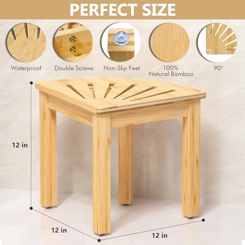 Domax Bamboo Corner Shower Foot Rest - Shower Stool for Shaving Legs 12 inch Non-Slip Waterproof Small Corner Shower Bench for Inside Shower Bathroom Bath Seat Spa Foot Rest Shaving Stool, Natural