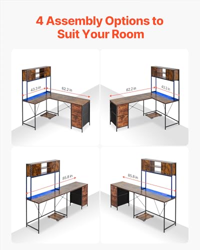 Image of VEVOR L-Shaped Gaming Desk with LED Lights, 62.2-inch Reversible Corner Computer Desk with Power Outlets, Movable CPU Stand & Storage Drawers, Modern Stylish PC Gaming Table for Home Office