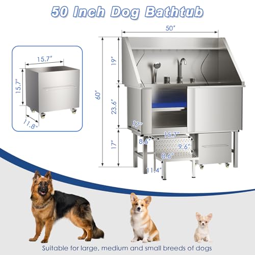 ROOMTEC-304-Stainless-Steel-Dog-Washing-Station-50-Inch-Professional-Dog-Grooming-Tub-Pet-Bathtub-with-Sink-Storage-DrawerLadder ROOMTEC 304 Stainless Steel Dog Washing Station 50 Inch Professional Dog Grooming Tub Pet Bathtub with Sink Storage DrawerLadder