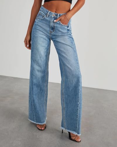 HTD Women's Wide Leg Jeans Casual Baggy Denim Pants with Frayed Raw Hem2