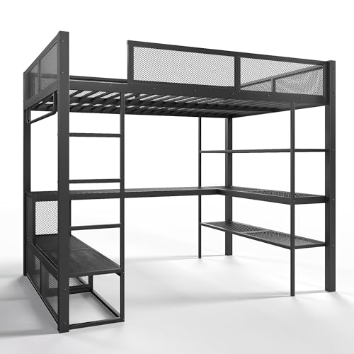 Image of Bellemave Queen Size loft Bed with Desk and Storage Shelves and Hanging Rod, Metal Queen Loft Bed Frame for Adults, Kids, Teens, Black