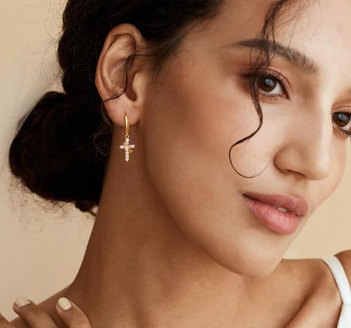 Gold Cross Dangle Earrings for Women - Trendy Dainty 14K Gold Plated Crown Huggie Hoop Earrings Hypoallergenic CZ Drop Earring Dangling Faith Religious Ornament Jewelry4