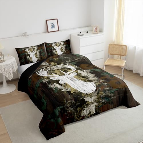 Image of Feelyou Kids Camo Deer Bedding Set King Size, Deer Hunting Comforter Set Green Camo Comforter for Boys Girls Antlers Duvet Insert Microfiber Bed Set