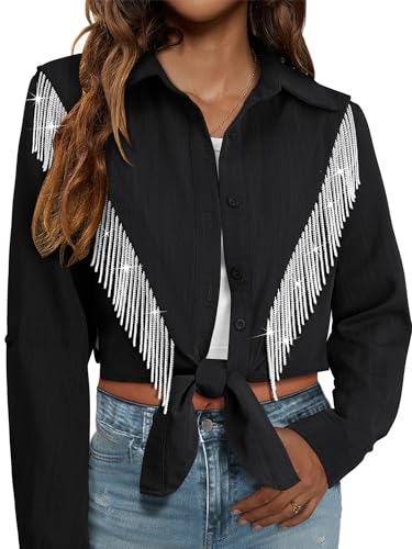 MYMORE Womens Sparkly Fringe Cropped Button Down Shirt Rolled 3/4 Sleeve Tie Front Top Western Cowgirl Rodeo Outfit