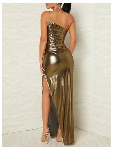 Floerns Women's One Shoulder Sleeveless Ruched Slit Hem Metallic Bodycon Long Dress2