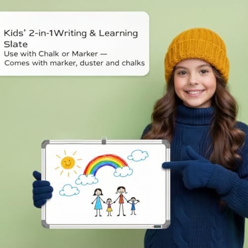 Image of 2 in 1 Learn N Write 1x1.5 Feet Slate for Kids | with Duster, Marker & 10 Pcs Chalk | Double Sided Front for Chalk & Reverse Dry Erase Marker Board with PVC Corners (41x30 cms)-(Green,White)