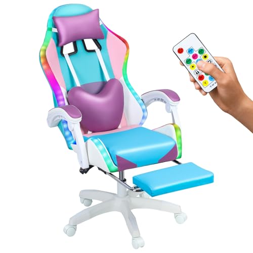 RFEGJVII Silla de juegos de masaje con luces LED RGB, silla de video para niñas, silla ergonómica para adultos, reposapiés, silla reclinable de videojuegos de respaldo alto con soporte lumbar