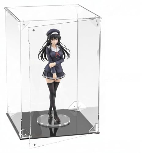 TOMEEM フィギュアケース アクリルケース UVカット 透明展示ケース ミラー マグネット式扉 積み重ね可能 コレクションケース アクリル 組み立て式 ディスプレイケース 汚れ防止 手袋 クリーニングクロス付き【黒い台座+背面ミラー：内寸幅15x奥行15x高さ25cm】