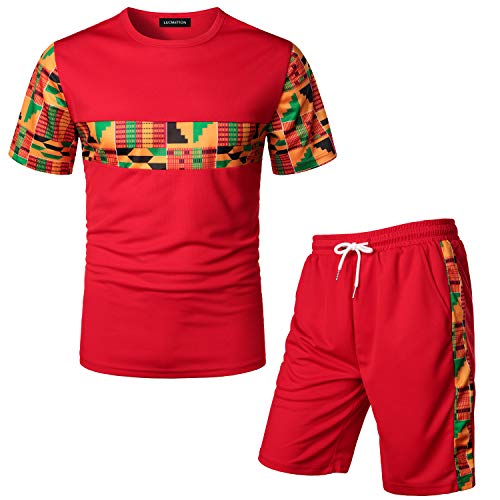 Lucmatton Men's African Pattern Printed T-Shirt And Shorts Set Sports Mesh Tracksuit Dashiki Outfits Red Medium #TOP4