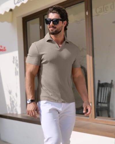 YTD Men's Muscle V Neck Polo Shirts Slim Fit Solid Short Sleeve Golf T-Shirts Ribbed Knit Soft Tees3