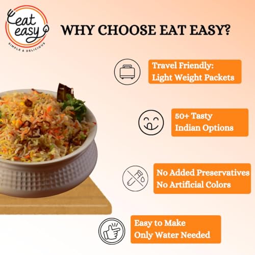 Image of Eat Easy Ready To Eat Veg Biryani, 95gm of 1 Pack, Instant Food, Indian Meal, Travel Food, No Preservatives, No Added Artificial Colours & Flavours, Just Add Water and Cook
