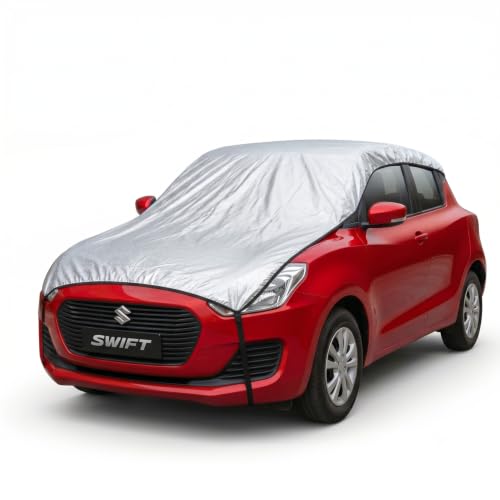 Image of Pivalo Half Car Body Cover for Hatchback Cars (All Models & Years) | 100% Waterproof Outdoor UV & Heat All Weather Protection | Triple Stitched 3 Layer with Adjustable Straps Cover (Reflective Silver)