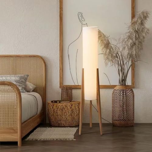 MIXL-Tripod Wooden Tall Floor Lamp,Fabric Drum Shade Corner Standing Lamp,Farmhouse Style Floor Light for Nursery and Study Room