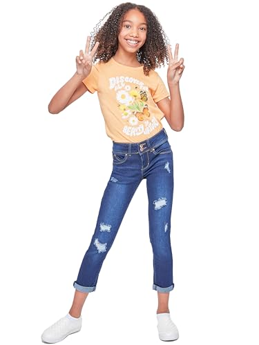YMI Jeans Girls Sustainable WannaBettaFit 2-Button Double Cuffed Skinny Jeans, Midnight Sky Blue Rips, 124