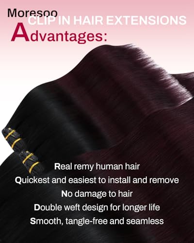 Image of Moresoo Dark Red Clip in Hair Extensions Human Hair Burgundy 16 inch 120g | Hair extensions clip ins, ombre black with wine red burgundy, 7pcs set, remy human hair, straight texture for daily volume