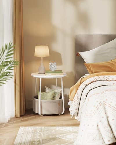 Image of VASAGLE LILEA Collection - Small Round Side End Table, Modern Nightstand with Fabric Basket, for Living Room, Bedroom, Set of 2, Matte White and Camel Brown ULET225WG01S
