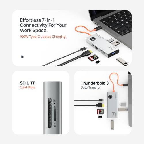Image of Ambrane 7-in-1 Type C Docking Station, 4K /60Hz HDMI, 2 USB 3.0, 1 Type C 3.0 5Gbps, 100W USB C PD Charging, Display Switch, SD & Micro SD Slot for All USB C Devices- Phones, Laptop (EHub 7i, Grey)