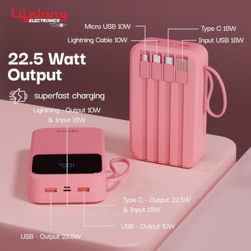 Image of Lifelong Electronics 20000mAh 22.5W Fast Charging Power Bank | 3 Inputs (1 Built-in USB A Cable + 1 C + 1 Lightning Port) & 6 Outputs (3 Built-in Cables + 1 C + 2 A Port) | Small Pocket Size Powerbank