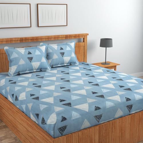 Image of Jashan Super Soft Glace Cotton Fabric 300 TC All Around Elastic Fitted Elegent Design King Size Double Bed Bedsheet with 2 Pillow Covers Fits Upto Mattress of 10 Inche,Size-72 x 78 x 10 Inche-SkyBlue