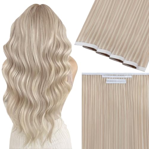 Image of Easyouth 90g Tape in Weft Hair Extensions Human Hair Blonde, Seamless | Wide Tape in Hair Extensions Human Hair Highlight, Ash Blonde Mix Blonde, 18 Inch 4pcs, for Women, Invisible, Genius Weft