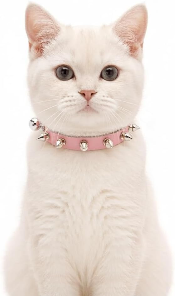 Spiked Cat Collar with Bell Studded Spike Kitten Collars with Bell, Pink XS image 3