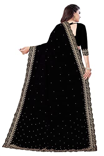 ساري مطرز بحرير جورجيت مع بلوزة للنساء من فاشون داي (1159-F-اسود)