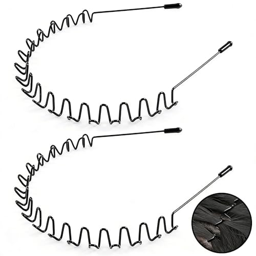 KELUBATU Metal Hair Bands for Men & Women Black Wavy Spring Headbands Adjustable Non-Slip Sports Headband for Running Workouts Face Wash Hair Control and Daily Grooming 2 Pack