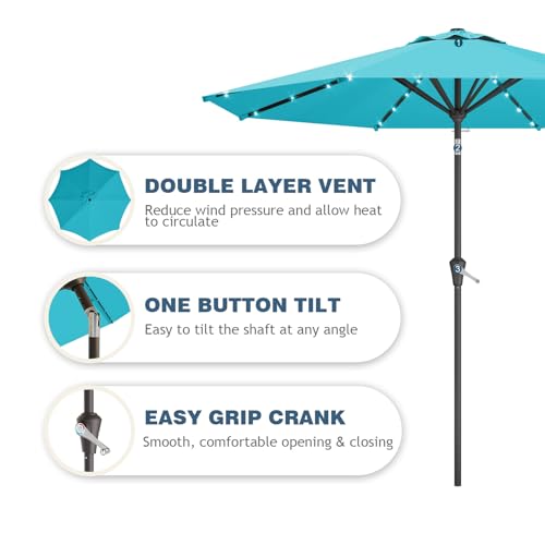 Image of 9FT Patio Umbrella with Solar Lights,Outdoor Market Umbrella with Tilt and Crank, LED Lighted Table Umbrella for Garden,Deck,Backyard,Pool,Beach (Light Blue)